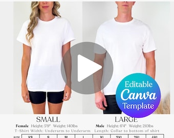 Editable Gildan 64000 Video Size Chart, G64000 Unisex Editable Video Size Guide, Gildan Sizing Guide, Real Person Model Video Size Chart