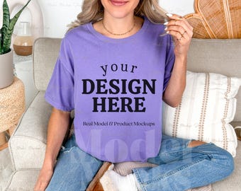 Comfort Colors 1717 Violet Tshirt Mockup, CC1717 Boho Shirt, Real Model Mock, Trendy Neutral Simple Mock-up (Digital Download)