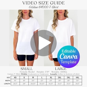 Editable Gildan 64000 Video Size Chart, G64000 Oversized Editable Video Size Guide, Gildan Sizing Guide, Real Person Model Video Size Chart