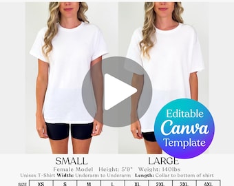 Editable Gildan 64000 Video Size Chart, G64000 Oversized Editable Video Size Guide, Gildan Sizing Guide, Real Person Model Video Size Chart
