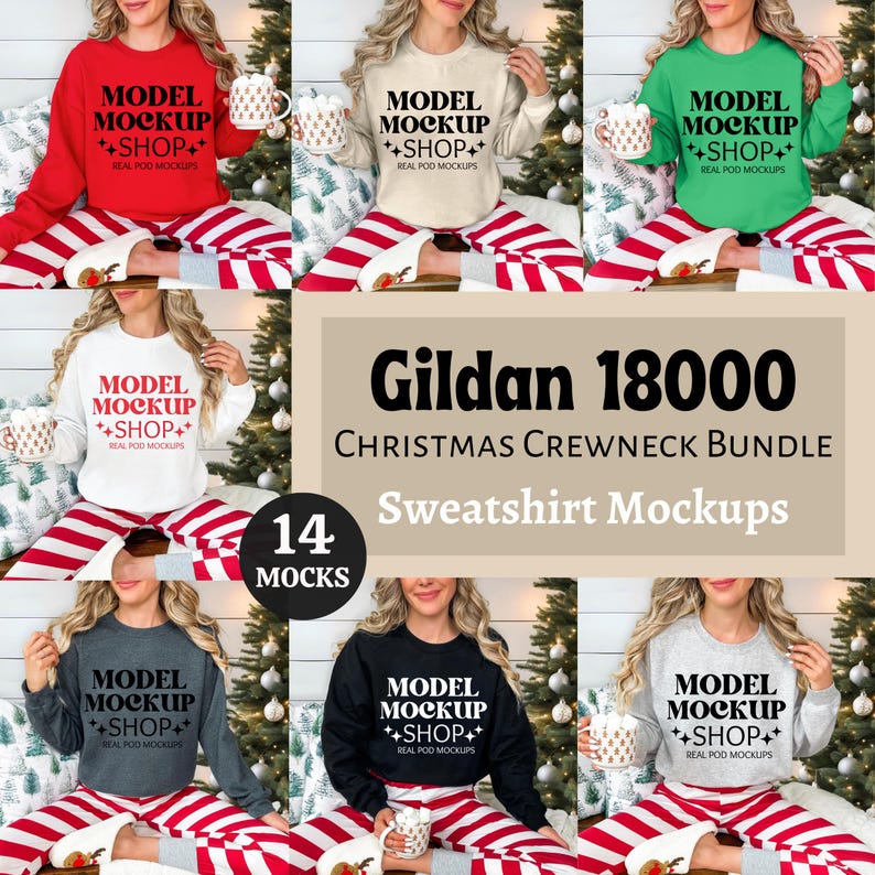 May include: A set of 14 Gildan 18000 Christmas Crewneck Sweatshirt Mockups. The mockups feature a variety of colors, including red, white, green, black, and gray. The mockups are all in a relaxed pose, wearing the sweatshirts with a mug in their hands. The mockups are all set against a festive background with a Christmas tree and red and white striped blankets.