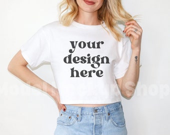 White Champion Cropped Tee Mockup | T453W Crop Top (JPEG)