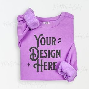 Comfort Colors 1466 Neon Violet Mockup, 1466 Simple Flat Lay Mockup, Blank Comfort Colors Sweatshirt Lightweight Crewneck Mockup Folded