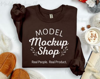 Gildan 18000 Dark Chocolate Flat Lay Mockup, 18000 Flat Lay Sweatshirt Mockup, Gildan Brown Crewneck Mock, Fall Flatlay Gildan 180 Mockup