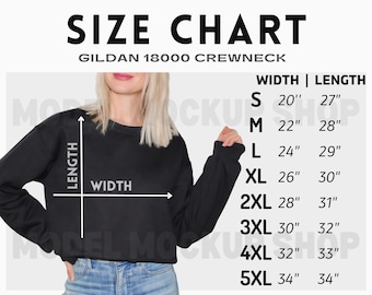 Gildan 18000 Size Chart, Gildan 18000 Sweatshirt Size Chart, Size Chart for Gildan 18000 Sweatshirt, Size Chart Mockup Gildan 18000
