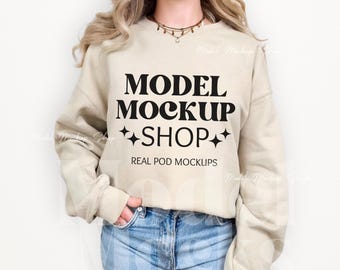 Gildan 18000 Sand Mockup, Gildan Sand Sweatshirt, Sand Gildan 18000, Real Person Mockup, Trendy Simple Casual Cozy Mockup, Realistic Mockup