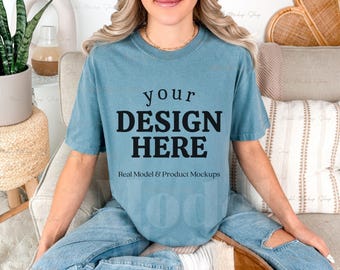 Comfort Colors 1717 Ice Blue T-shirt Mockup, Boho Shirt (Digital Download)