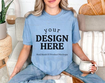 Comfort Colors 1717 Washed Denim T-Shirt Mockup, Real Model (Digital Download)