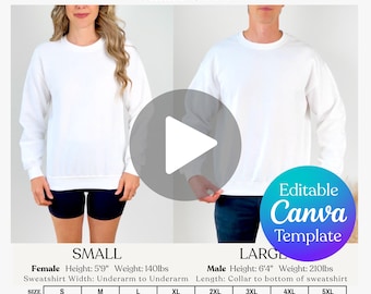 Tabla de tallas de Gildan 18000 (video editable), maqueta de sudadera G180 (video), guía de tallas de Gildan, modelo de persona real, guía de tallas (video editable)