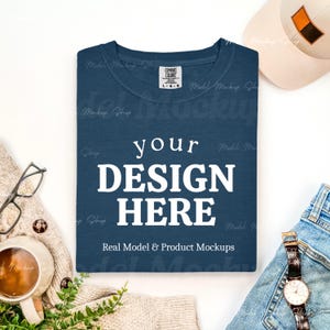 Comfort Colors 1717 Midnight Flat Lay Mockup | Blue Shirt Mock-up | Mens Folded T-Shirt Flatlay | 1717 Male Tshirt Flat Lay Mock up