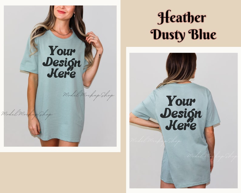 May include: A light blue t-shirt with short sleeves and a crew neck. The shirt has the text "Your Design Here" printed on the front and back in a retro font.