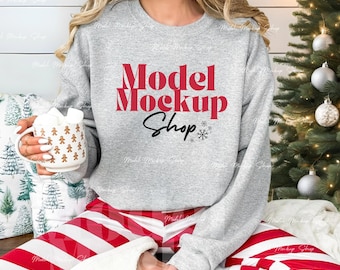 Gildan 18000 Christmas Mockup, G180 Sport Grey Oversized Sweater, Real Model Mock, Christmas Sweatshirt Mock Ups, Holiday Crewneck Mockup