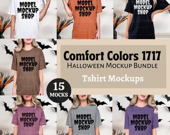 Halloween CC1717 Mock up Bundle, Comfort Colors T-shirt Template, Spooky Season Apparel Mockup, Fall Blank Shirt Display