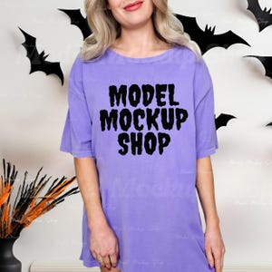 Comfort Colors C1717 Halloween Violet Tshirt Mockup, Real Model Mock, CC1717 Violet Halloween T-Shirt Mock, Purple Halloween Shirt Mockup