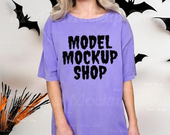 Comfort Colors C1717 Halloween Violet Tshirt Mockup, Real Model Mock, CC1717 Violet Halloween T-Shirt Mock, Purple Halloween Shirt Mockup