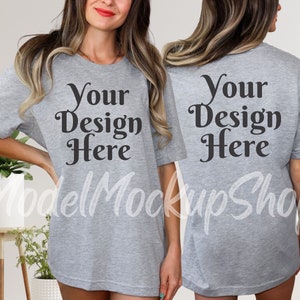 Front Back Bella Canvas 3001 Grey Mockup, Athletic Heather Grey Tshirt Mockup Model Mockup, Oversize Mockup Bella Canvas Gray Mockup Back