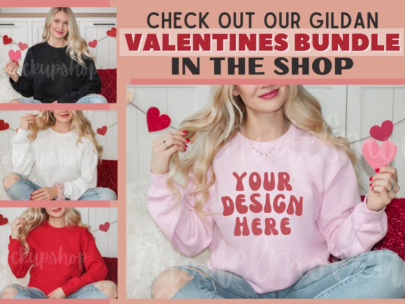 Puede incluir: Tres mujeres vistiendo sudaderas de diferentes colores con el texto "YOUR DESIGN HERE" en la sudadera rosa. Las sudaderas son todas de manga larga y tienen cuello redondo. Las mujeres est&aacute;n sentadas frente a una pared blanca con corazones rosas colgando.