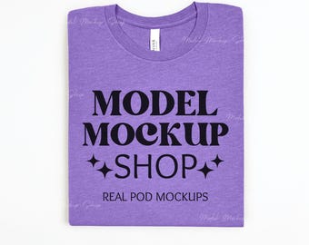 Maqueta de Bella Canvas 3001 Heather Team Purple Flat Lay, maqueta de BC3001 Purple Flat Lay, camisa simple Flat Lay, maqueta de camisa Bella Canvas doblada