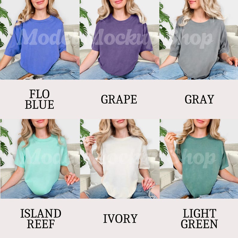 May include: A collection of six short-sleeved t-shirts in various colors: Flo Blue, Grape, Gray, Island Reef, Ivory, and Light Green. Each shirt is displayed on a person. The names of the colors are printed below each shirt.