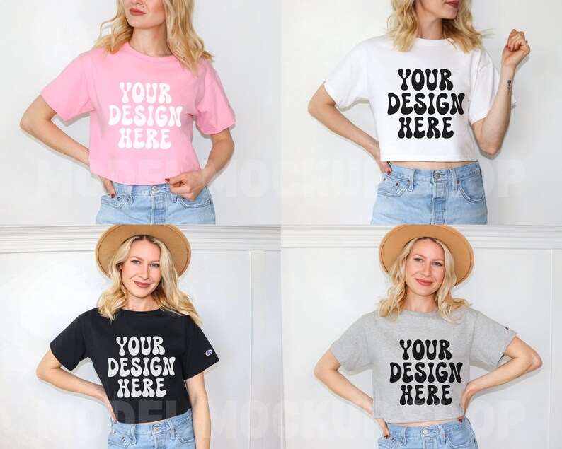 May include: Four women are wearing different colored cropped t-shirts with the text "YOUR DESIGN HERE" in a retro font. The shirts are pink, white, black, and gray. The women are wearing jeans and have their hair down.