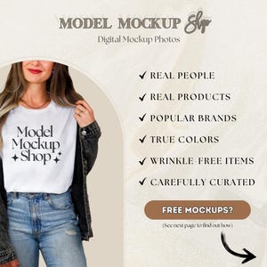 May include: A woman wearing a white t-shirt with the text "Model Mockup Shop" printed on it. The t-shirt is a mockup for a product design. The image is a digital mockup photo.