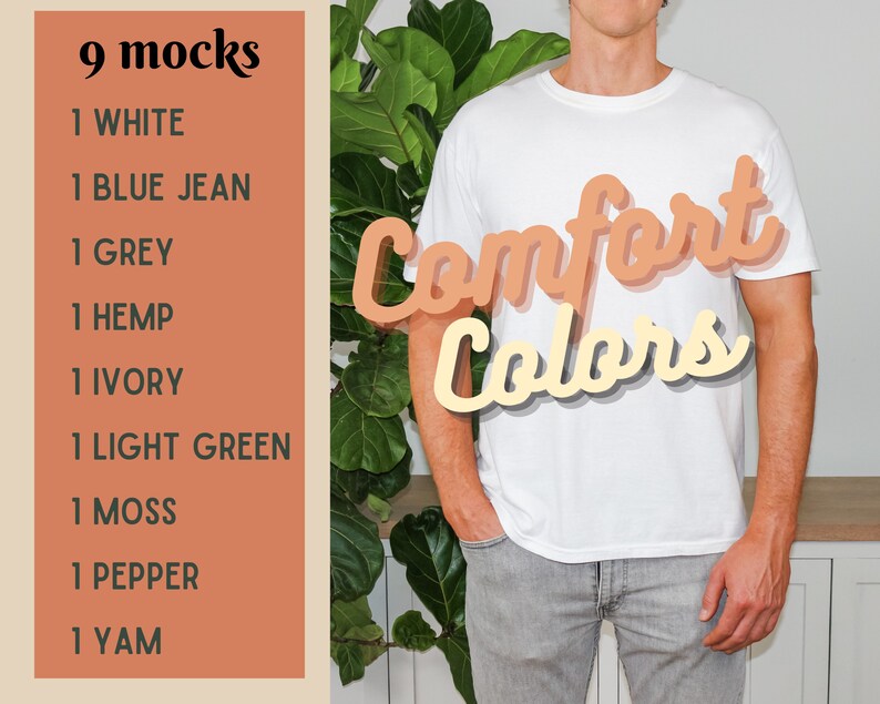 Peut inclure: Un t-shirt blanc avec le texte "Comfort Colors" en police de caract&egrave;res p&ecirc;che et jaune. Le t-shirt est port&eacute; par une personne sur un fond gris clair.