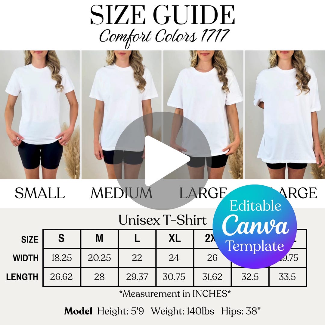 Editable Comfort Colors 1717 Video Size Chart, Editable Video Mockup, Real Model Mock, 171