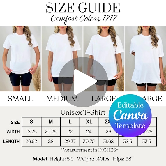 Editable Comfort Colors 1717 Video Size Chart, Editable Video Mockup, Real Model Mock, 1717 Unisex Video Size Guide Edit, CC1717 Size Guide