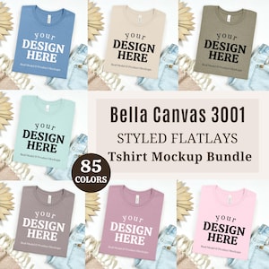 Pacote de Mockups de Camiseta Bella Canvas 3001 em Flat Lay, Pacote de Mockups de Camiseta Dobrada em Flat Lay BC3001, Mockup de Camiseta Boho Estética Mega Moderna em Flat Lay