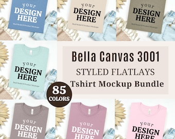 Bella Canvas 3001 Flat Lay Tshirt Mockup Bundle, BC3001 Folded Flat Lay T-Shirt Bundle, Mega Trendy Aesthetic Boho Shirt Flatlay Mock up