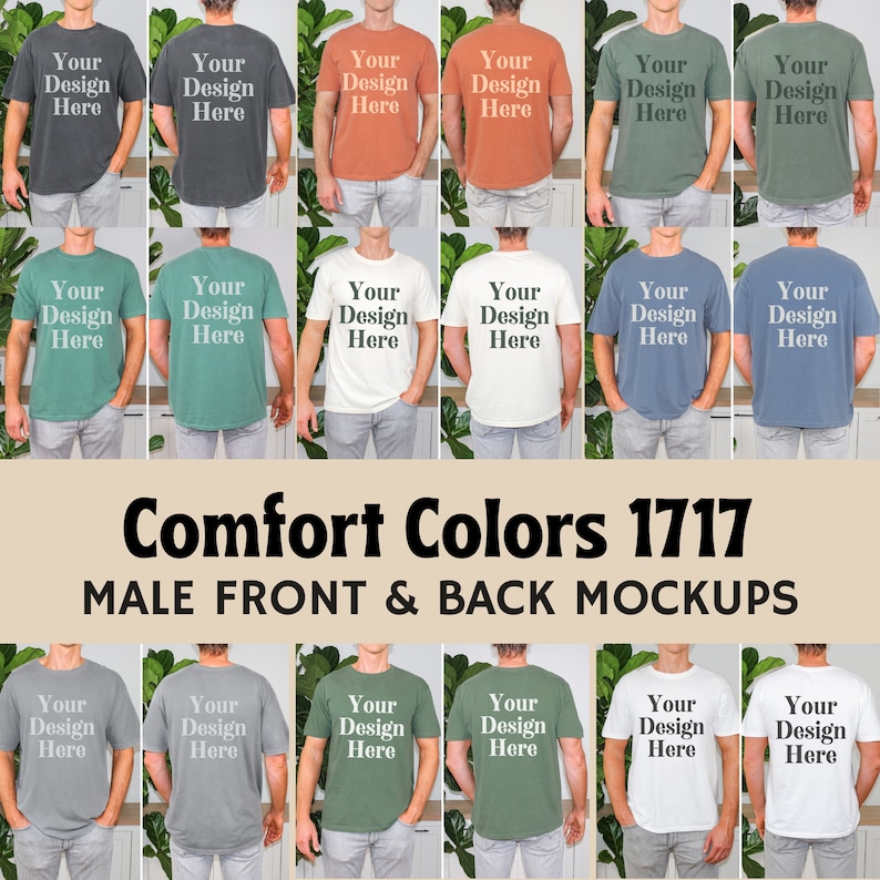 Peut inclure: Maquette d'un t-shirt dans diff&eacute;rentes couleurs, dont le blanc, le vert, le bleu et l'orange. Le t-shirt est de style col rond &agrave; manches courtes. Le texte "Your Design Here" est imprim&eacute; sur le devant du t-shirt. Le texte "Comfort Colors 1717 MALE FRONT & BACK MOCKUPS" est imprim&eacute; sous les t-shirts.