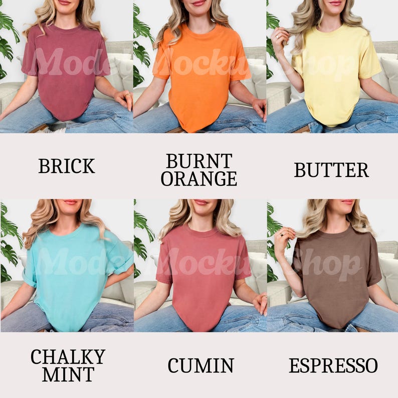May include: Six short-sleeved t-shirts in various colors: brick, burnt orange, butter, chalky mint, cumin, and espresso. Each shirt is displayed on a person wearing blue jeans. The names of the colors are printed below each shirt.