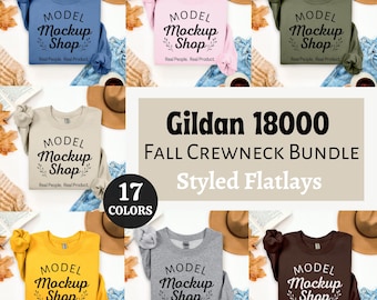 Gildan 18000 Folded Sweatshirt Mockup Bundle, Gildan Fall Flat Lay Bundle, Gildan Crewneck Mockup Bundle, Fall Sweater Mockups