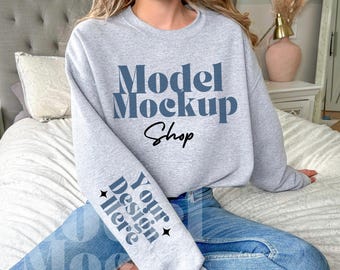 Gildan 18000 Sleeve Mockup,  18000 Sport Grey Sweatshirt Mockup Sleeve, Front Gildan G180 Mock, Minimal Simple Gildan 180 Arm Sleeve Mockup