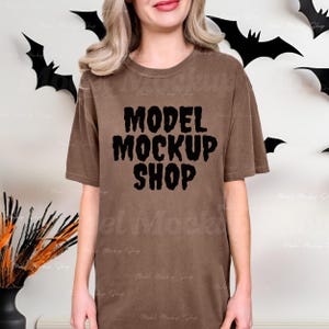 Comfort Colors C1717 Halloween Tshirt Mockup, Real Model Mock, CC1717 Espresso Halloween T-Shirt Mock, Brown Halloween Shirt Mockup