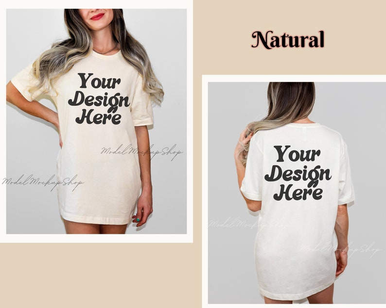May include: A white oversized t-shirt mockup with the text "Your Design Here" on the front and back. The shirt is made of a natural fabric and has a relaxed fit.