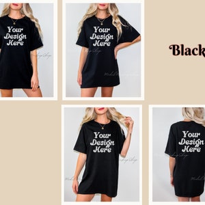 May include: A black oversized t-shirt mockup with the text "Your Design Here" in a retro font. The shirt is shown on a model from the front, back, and side.