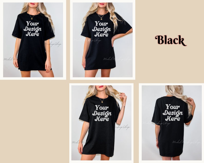 May include: A black oversized t-shirt mockup with the text "Your Design Here" in a retro font. The shirt is shown on a model from the front, back, and side.