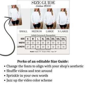 May include: A size guide for an adult crewneck sweatshirt, featuring measurements in inches for sizes S to 5XL. The guide includes a model's height and hip measurements. Additional text highlights the perks of an editable size guide.
