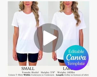 May include: A white Bella Canvas 3001 t-shirt size guide. The guide includes measurements for XS to 4XL sizes, with widths from 16.5" to 30" and lengths from 27" to 34". The guide also includes the text "Editable Canva Template".