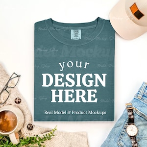 Comfort Colors 1717 Blue Spruce Flat Lay Mockup | Blue Shirt Mock-up | Mens Folded T-Shirt Flatlay | 1717 Male Tshirt Flat Lay Mock up
