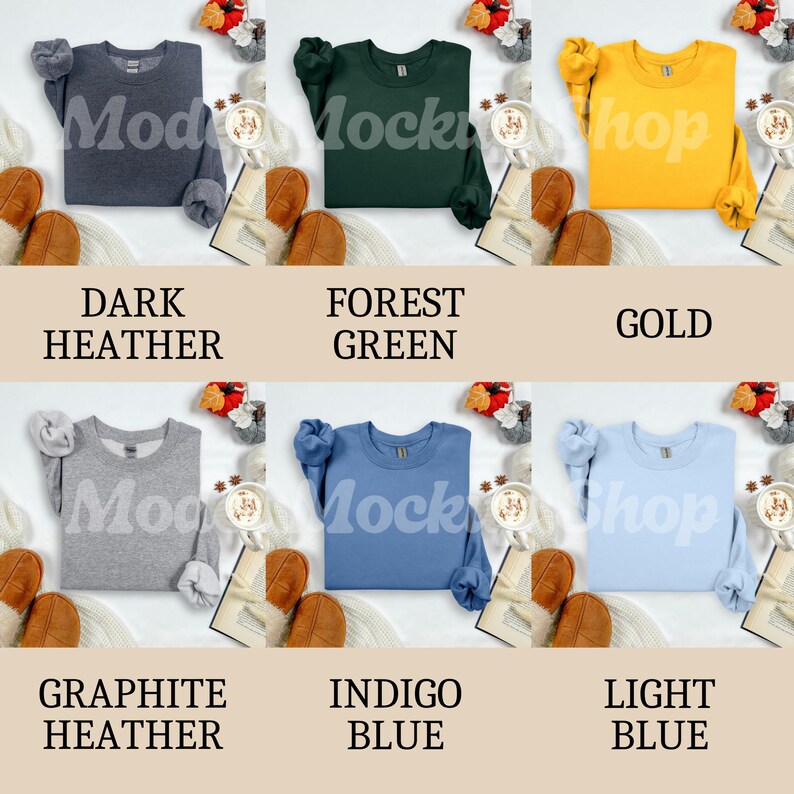 May include: A collection of six crewneck sweatshirts in various colors: dark heather, forest green, gold, graphite heather, indigo blue, and light blue. Each sweatshirt is displayed with the text "Mod Mock Shop" and color names.