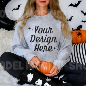 Gildan 18000 Mockup | G180 Sport Grey Oversized Sweater | Model Mockup | Gildan Sweatshirt Mock Ups | Crewneck Mockup Fall | Halloween Fall