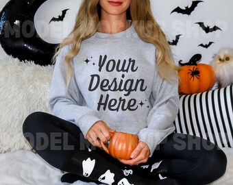 Gildan 18000 Sport Grey Sweater Mockup | Halloween Fall