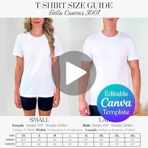Editable Bella Canvas 3001 Video Size Chart, BC3001 Editable Video Size Guide Mockup, Video Mockup Bella Canvas, Real Model Mock Size Guide