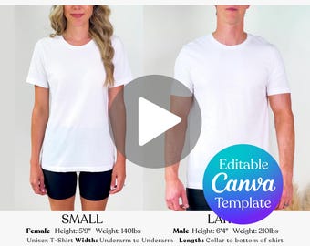 May include: A white t-shirt size guide with the text "T-SHIRT SIZE GUIDE Bella Canvas 3001". The guide includes measurements for XS to 4XL sizes, with width and length in inches. The image also features a "Editable Canva Template" graphic.