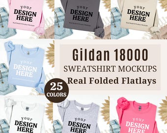 Boho Sweatshirt Mockup Bundle: Gildan 18000 Flat Lay (Digital Download)