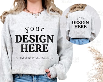 Maqueta de sudadera gris ceniza: Gildan 18000 (parte delantera y trasera) (Descarga JPEG)