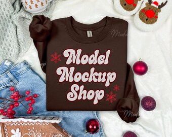Gildan 18000 Dark Chocolate Flat Lay Mockup, G180 Flat Lay Christmas Sweatshirt Mockup, Gildan Brown Crewneck Mock, Trendy Holiday Xmas Mock