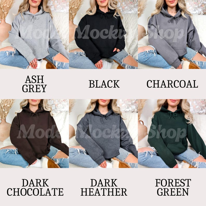 Op de afbeelding: Een set van tien hoodies in verschillende kleuren, waaronder asgrijs, zwart, antraciet, donker chocolade, donker grijs melange en bosgroen. De hoodies zijn allemaal gecropped en hebben een relaxed fit.